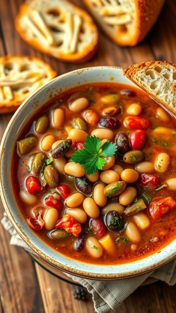 A bowl of 15-bean soup with colorful beans and vegetables, garnished with parsley, on a rustic wooden table.